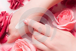 Spa Salon: Beautiful Female Hands with French Manicure in the Bowl of Water with Pink Roses and Rose Petals