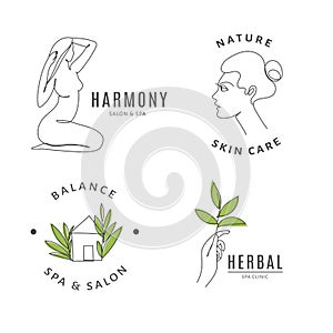 Spa salon logo templates with body and nature line art.