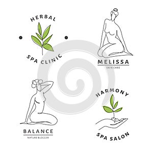 Spa salon logo templates with woman body and nature line art.