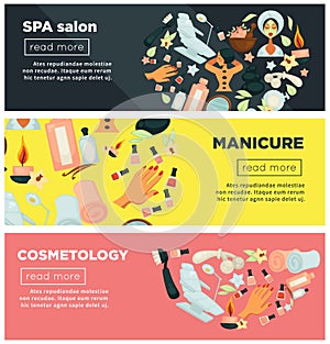 Spa salon with manicure and cosmetology procedures promo posters set