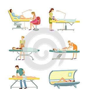 Spa Salon Pedicure and Tanning Process Set Vector