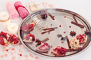 Spa salon with pomegranate, cinnamon and anise for pedicure and manicure