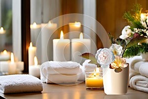 spa salon soft lighting Candles,roses , roses flowers, aromatherapy, soft candle light, cozy meditation background