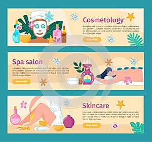 Spa salon web banner set, vector illustration. Female character body beauty sale, wellness therapy for skin health