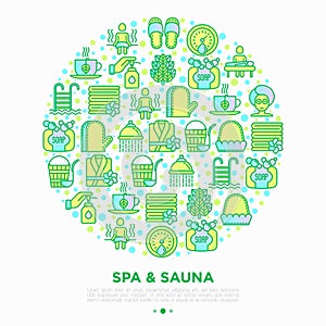 Spa & sauna concept in circle with thin line icons: massage oil, towels, steam room, shower, soap, pail and ladle, hygrometer,