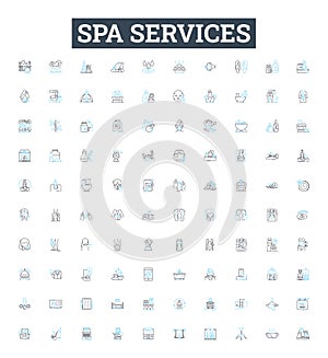 Spa services vector line icons set. Massage, Facial, Pedicure, Manicure, Waxing, Sauna, Scrubs illustration outline