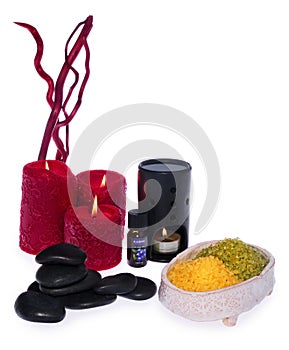 Spa set, aromatics candles, oil aromatherapy, stones warming to