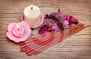 Spa Set. Burning candles with roses dried leaves