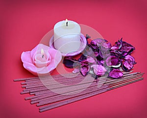 Spa Set. Burning candles with roses dried leaves, incense sticks