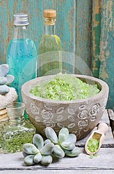 Spa set: green sea salt, scented candles, liquid soap and essent