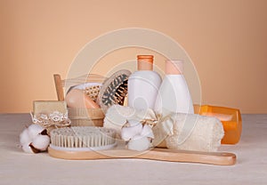 SPA set for home use. Body brush, scented soaps and skin care products