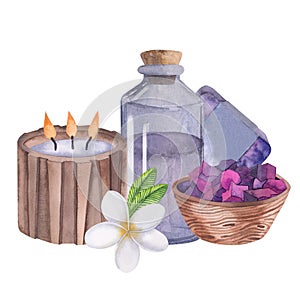 Spa set with jar of oil, bath salt, hand made soap, candle watercolor illustration.