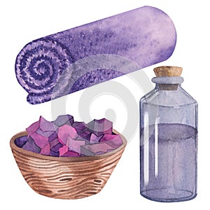 Spa set with jar of oil, bath salt, towels watercolor illustration. Hand drawn isolated on white background.