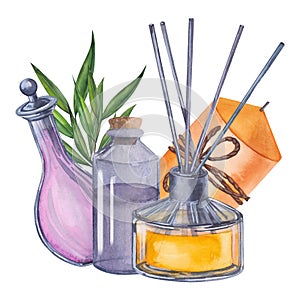 Spa set with jar of oil, candle, tropical leaves, diffuser, hand made soap, candle watercolor illustration.