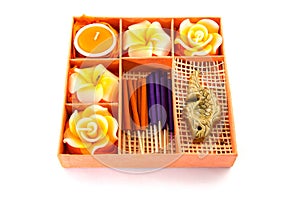 Spa Set. Roses Shaped Candles, incense sticks in orange box