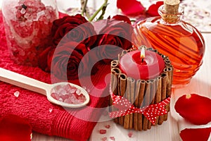 Spa set: scented candle, sea salt, liquid soap and romantic red