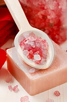 Spa set: scented candle, sea salt, liquid soap and romantic red