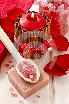 Spa set: scented candle, sea salt, liquid soap and romantic red