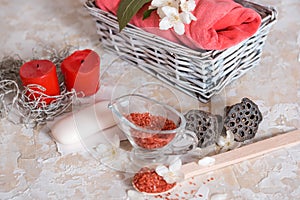 Spa set: scented candle, sea salt, liquid soap and romantic red roses