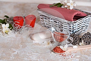 Spa set: scented candle, sea salt, liquid soap and romantic red roses