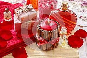 Spa set: scented candle, sea salt, liquid soap and rose petals