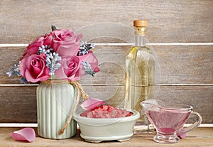 Spa set: sea salt, liquid soap and bottle of essential oil. Bouq