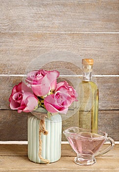 Spa set: sea salt, liquid soap and bottle of essential oil. Bouq