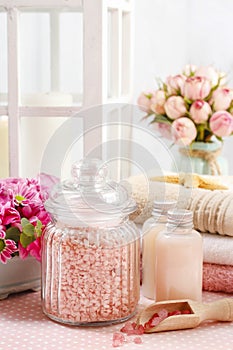 Spa set: sea salt, liquid soap, essential oils and towels