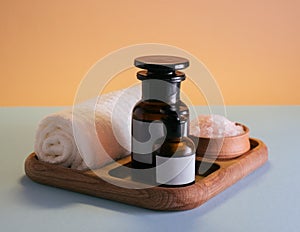 Spa set on wooden tray. Self care, wellbeing concept