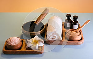 Spa set on wooden tray. Self care, wellbeing concept