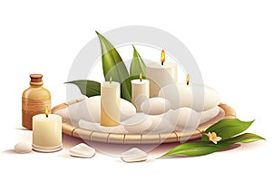 A spa setting with a bamboo tray, candles, stones, and oil