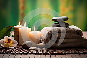 Spa setting with candles, towel and orchid flowers on bamboo mat, Spa concept with eucalyptus oil and eucalyptus leaf extract