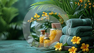 Spa setting with fluffy green towels, aromatic candles, and vibrant yellow flowers, offering a tranquil and refreshing ambiance