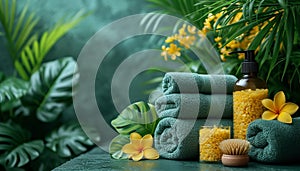 Spa setting with fluffy green towels, aromatic candles, and vibrant yellow flowers, offering a tranquil and refreshing ambiance