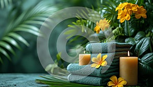 Spa setting with fluffy green towels, aromatic candles, and vibrant yellow flowers, offering a tranquil and refreshing ambiance