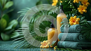 Spa setting with fluffy green towels, aromatic candles, and vibrant yellow flowers, offering a tranquil and refreshing ambiance