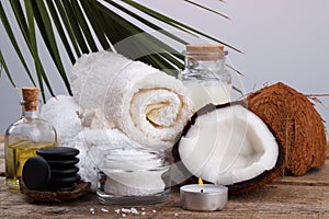 Spa setting and health care items, coconut,body oil,bath salt,mi
