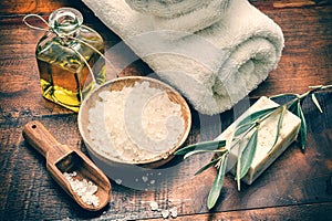 Spa setting with natural olive soap and sea salt