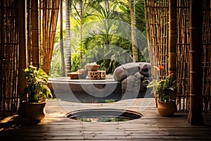Spa setting near pool on bamboo room. Generate Ai