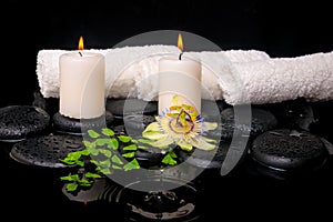 Spa setting of passiflora flower, green branch fern and candles