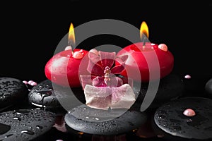 Spa setting of red candles on zen stones with drops, orchid
