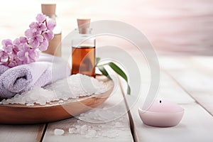 Spa setting with sea salt, candle and towel on wooden table, Beauty treatment items for spa procedures on a white wooden table,