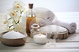 Spa setting with sea salt, towel and candle on wooden background, Beauty treatment items for spa procedures on a white wooden