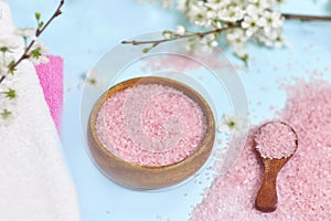 Spa setting spring flowers with towel ,salt in bowl, Spring Time