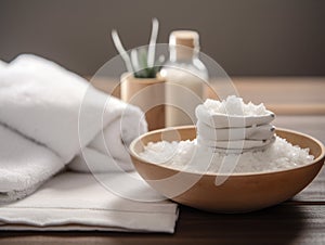 spa setting with a stack of white towels and a small dish of salt