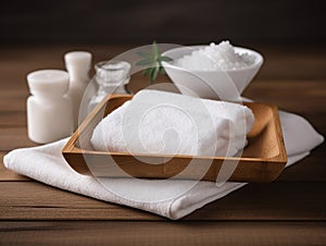 spa setting with a stack of white towels and a small dish of salt