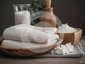 spa setting with a stack of white towels and a small dish of salt