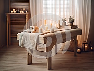 Spa setting with a wooden massage table