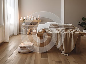 Spa setting with a wooden massage table