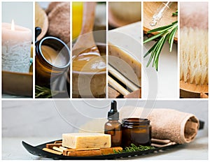 Spa and skincare collage with candle, products, essential oils and body care ingredients, spa and wellness